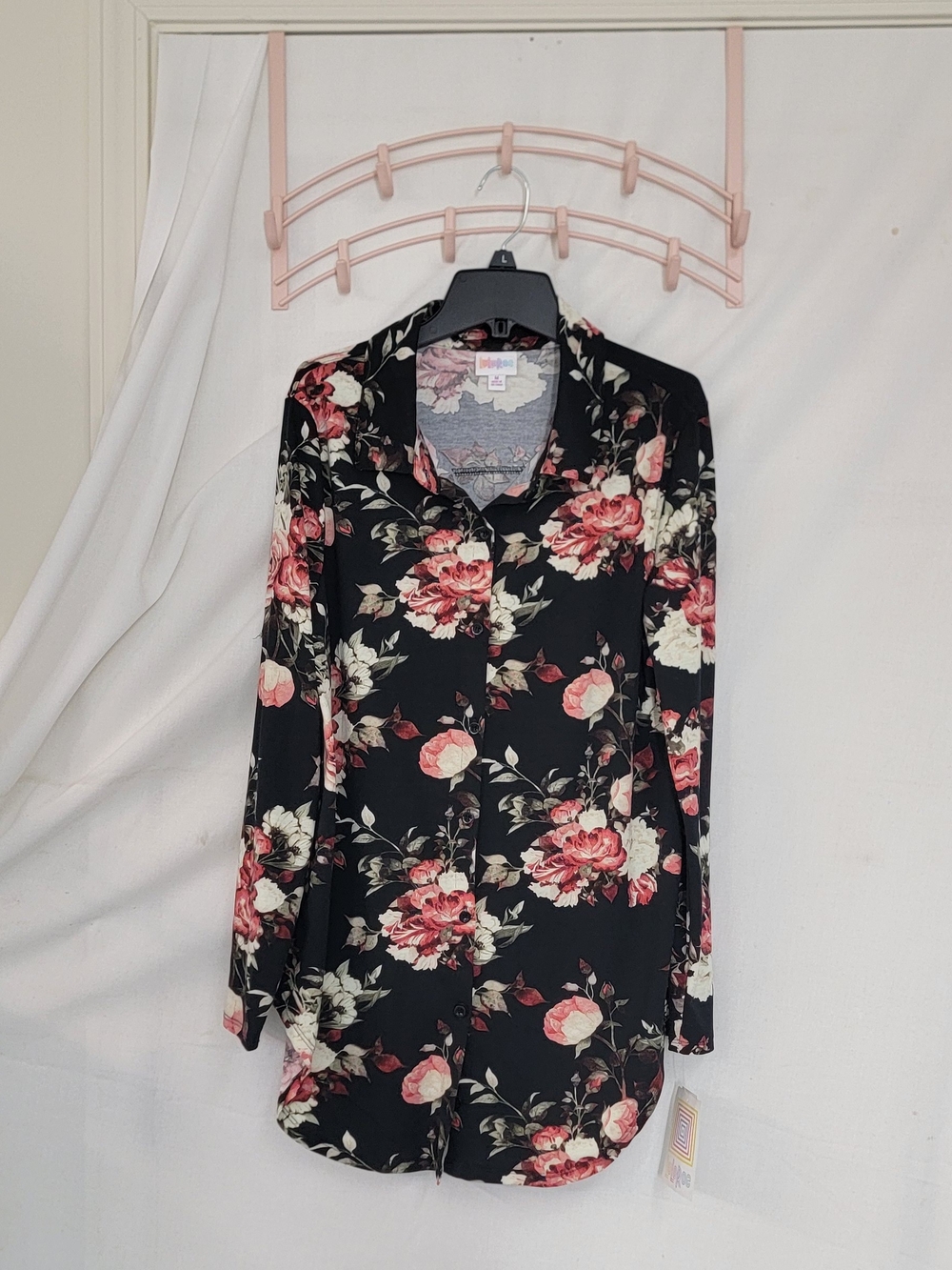 LulaRoe Black Floral Button-Up Blouse - Pink Rose Print